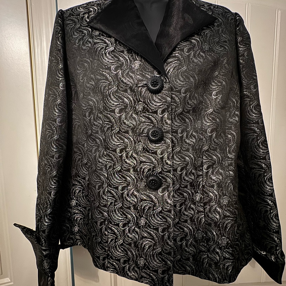 Le Suit Women’s Blazer Jacket silver floral print single breastedSize 10 petite - Picture 3 of 10
